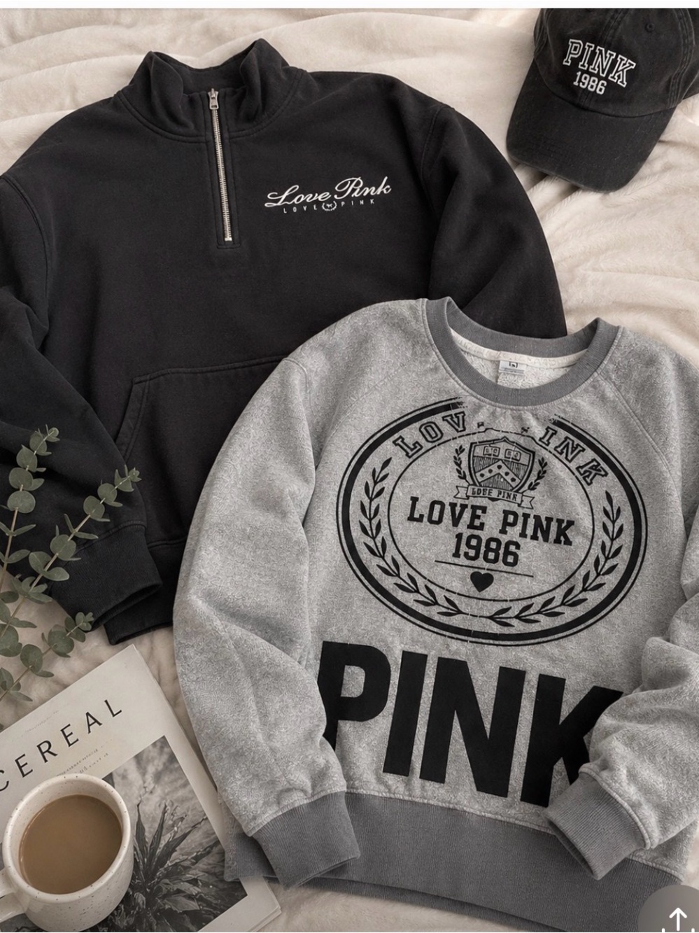 PINK Victoria's Secret Black Quarter-Zip & Gray Graphic Crewneck Sweatshirts